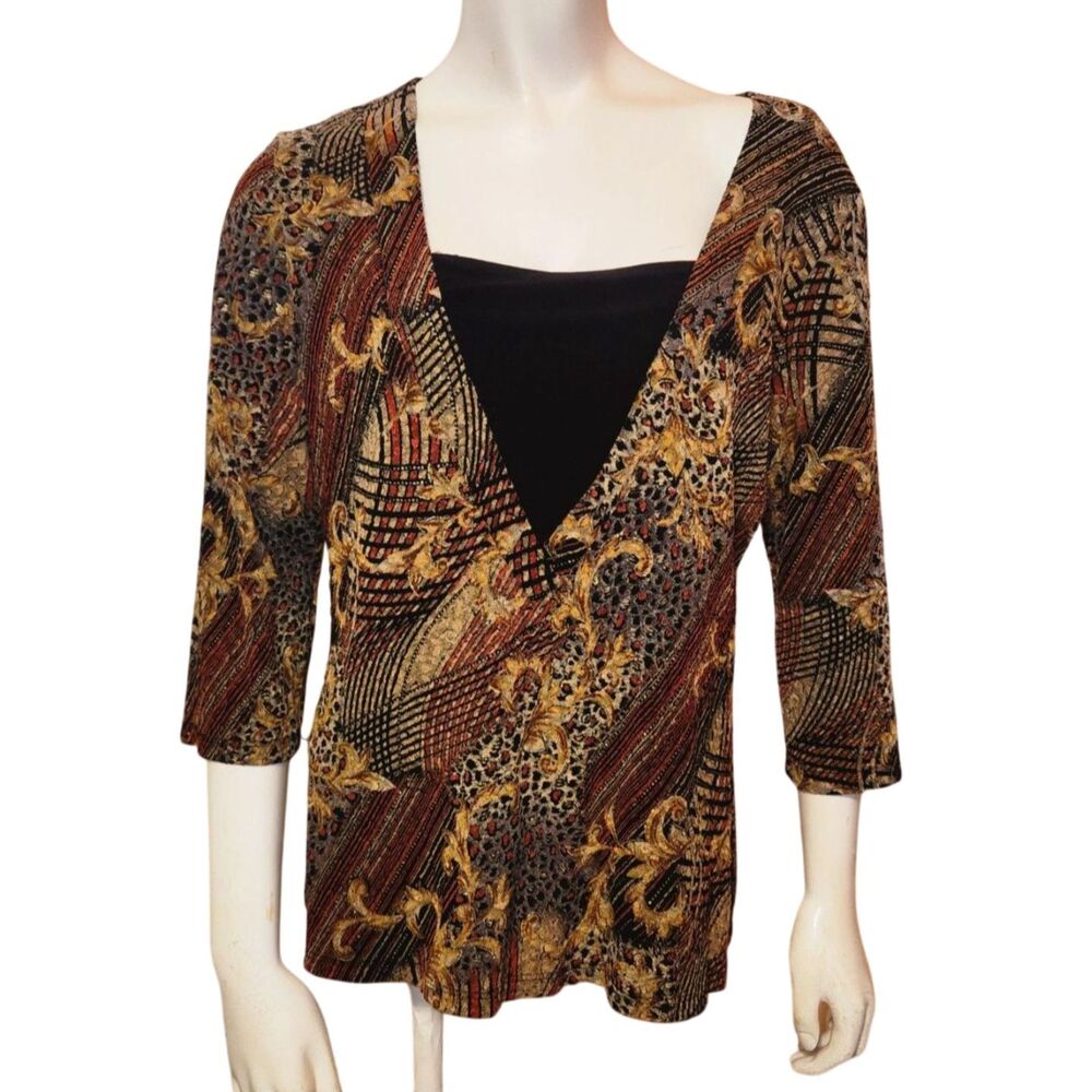Dressbarn Baroque Leopard Print Blouse Metallic Gold and Brown Womens Size PL